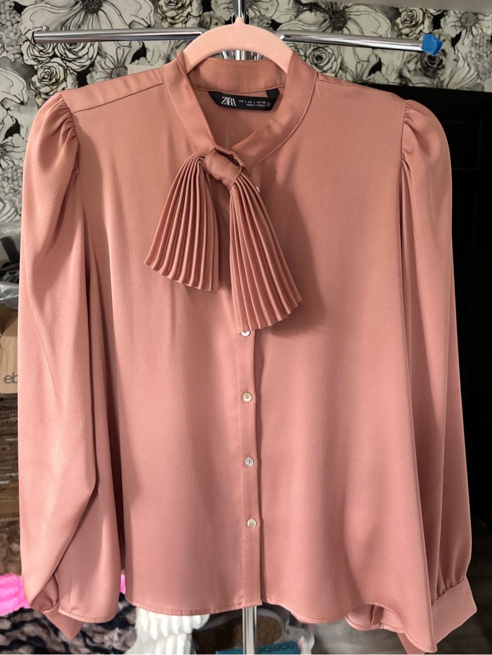 Zara Dusty Rose Pleated Tie-Neck Blouse